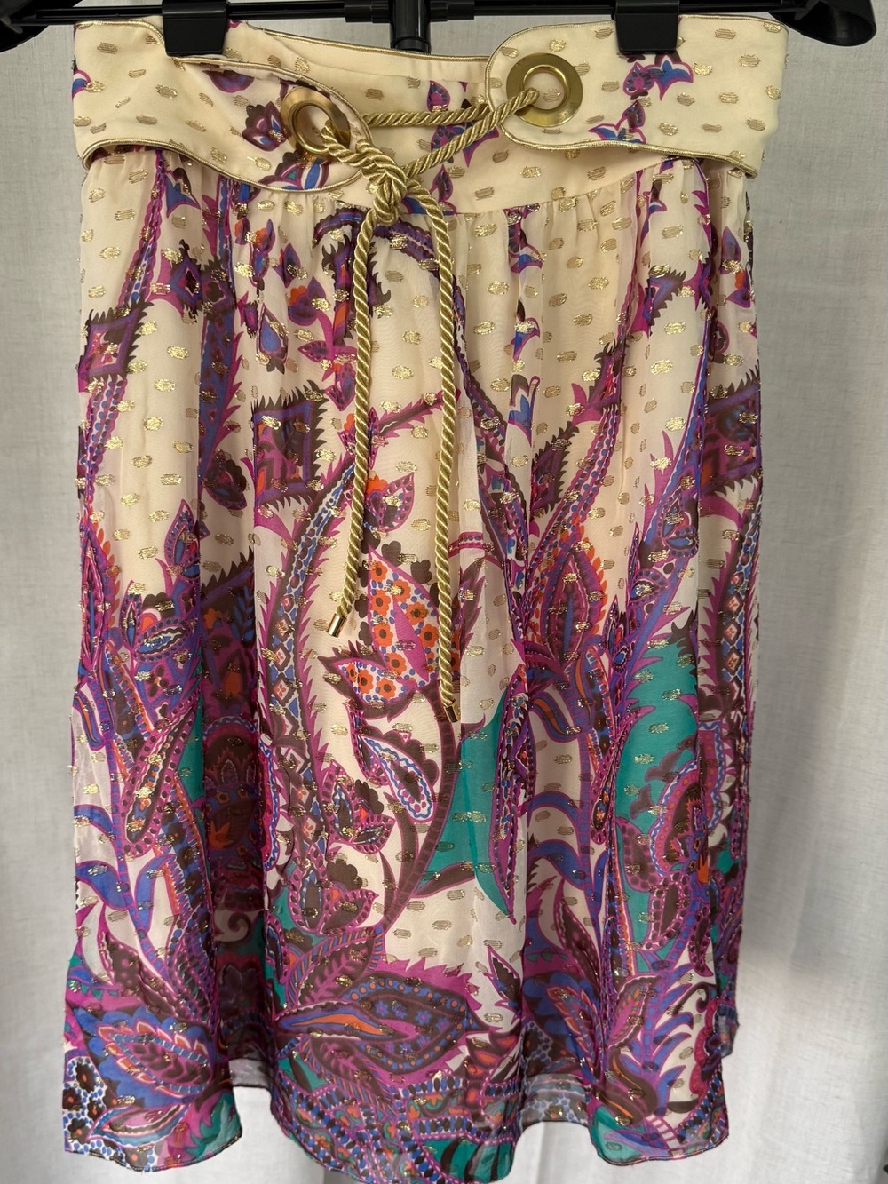 Tibi Cream Midi Skirt with Purple Teal Paisley and Gold Rope